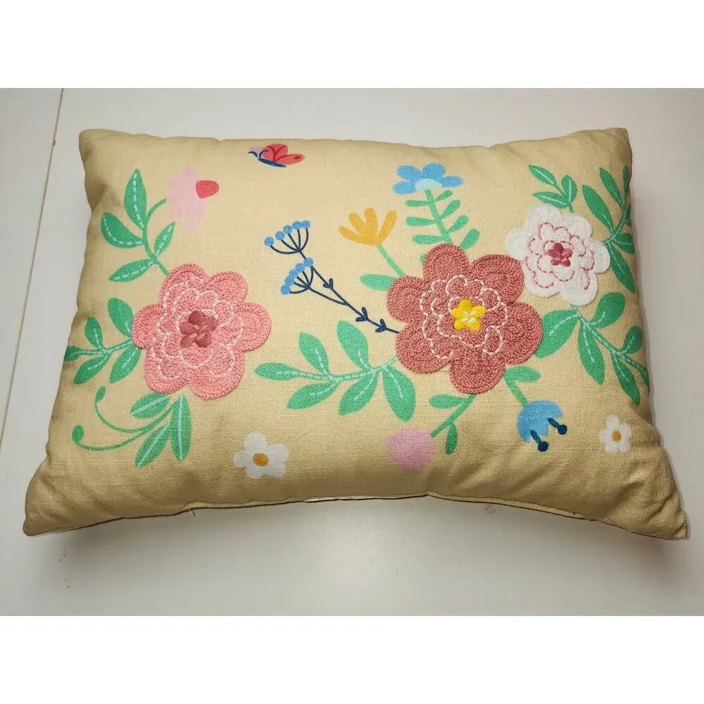 Spritz Lumbar Floral Embroidered and printed Spring Cottage Throw Pillow 18x12